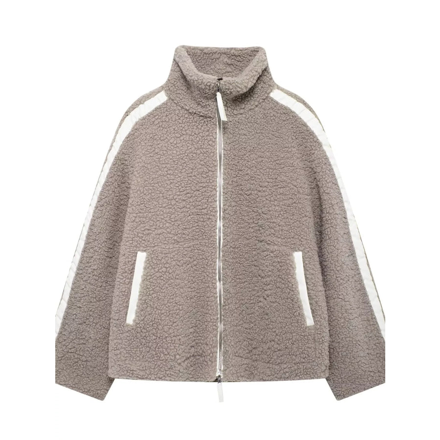 Sherpa Zip-Up Outerwear Khaki-Ribbed / S Apparel and Accessories