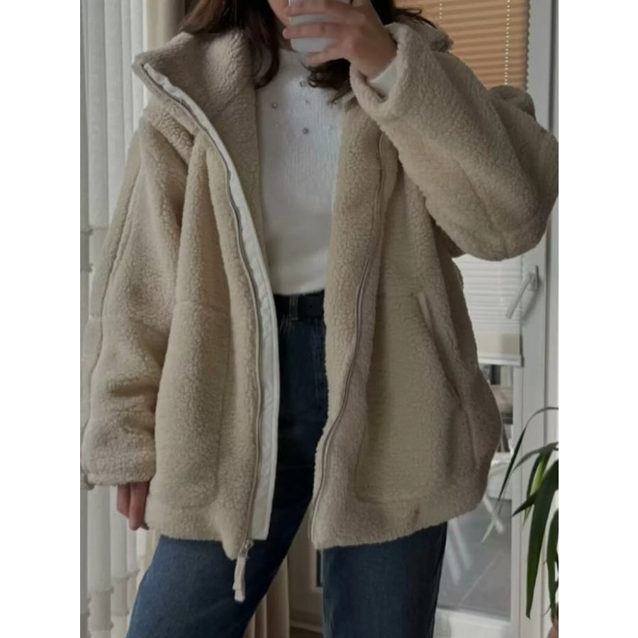 Sherpa Zip-Up Outerwear Khaki / S Apparel and Accessories