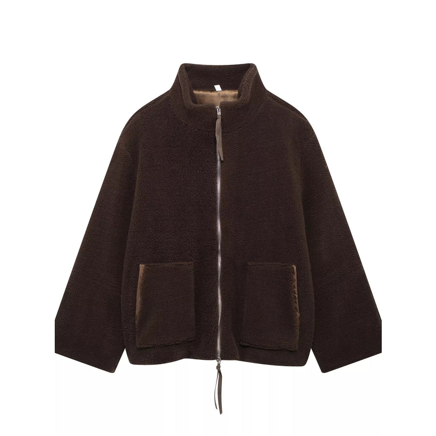 Sherpa Zip-Up Outerwear Reddish Brown / S Apparel and Accessories