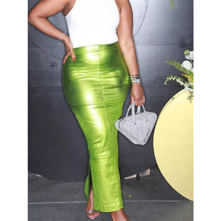 Shimmering Side Slit Bodycon Maxi Skirt Green / S Apparel and Accessories