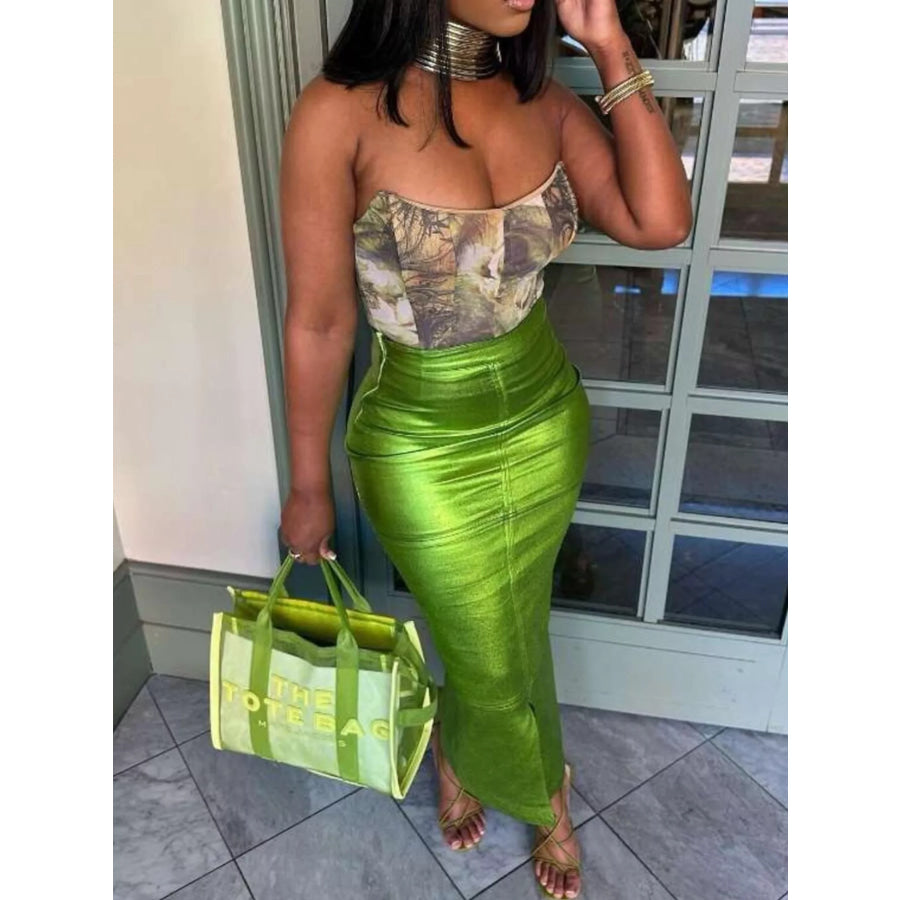 Shimmering Side Slit Bodycon Maxi Skirt Apparel and Accessories