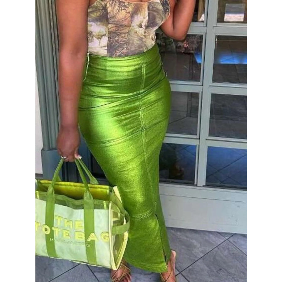 Shimmering Side Slit Bodycon Maxi Skirt Green / S Apparel and Accessories