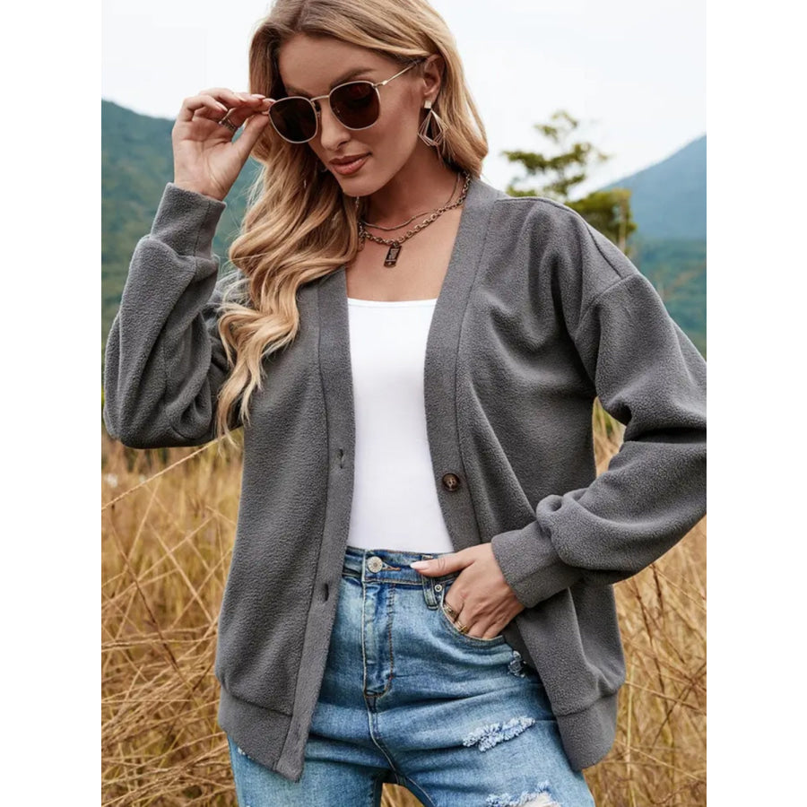 Shiny Button Down V-Neck Dropped Shoulder Jacket Apparel and Accessories