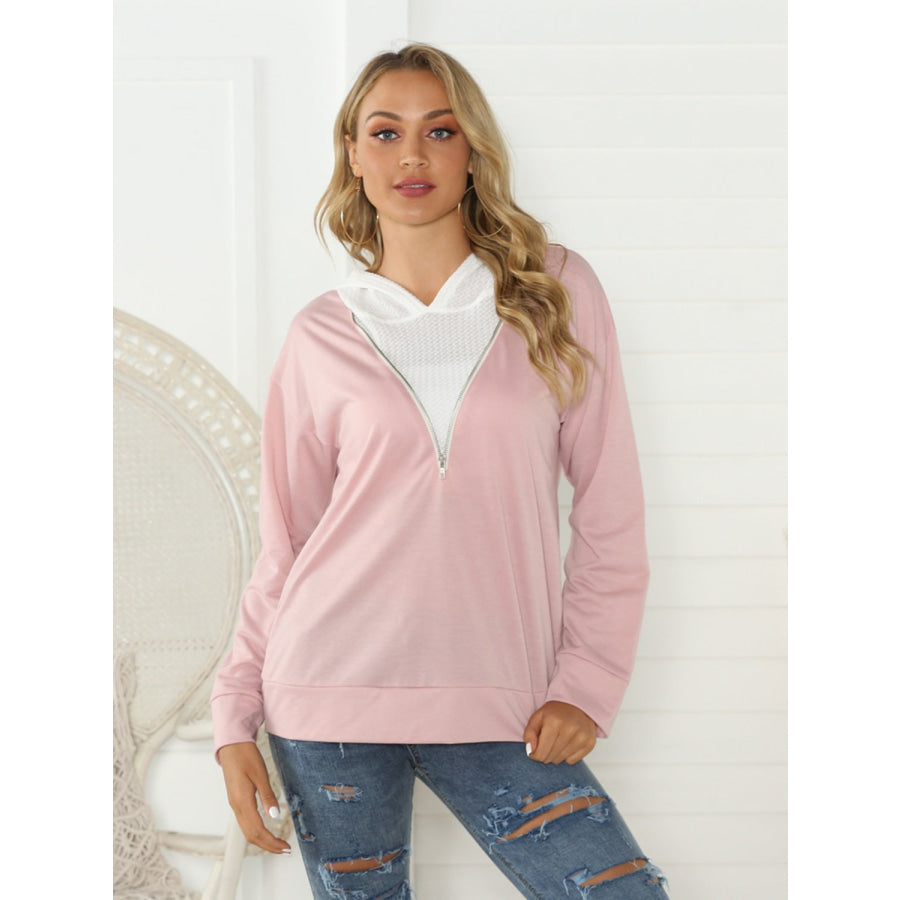 Shiny Contrast Zip Detail Hoodie Blush Pink / S Apparel and Accessories