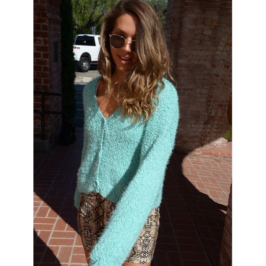 Shiny Cropped Button-Up Fuzzy Cardigan Aqua / S Apparel and Accessories