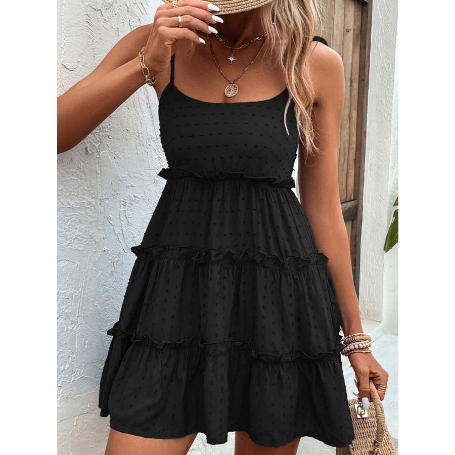 Shiny Frill Spaghetti Strap Tiered Dress Apparel and Accessories