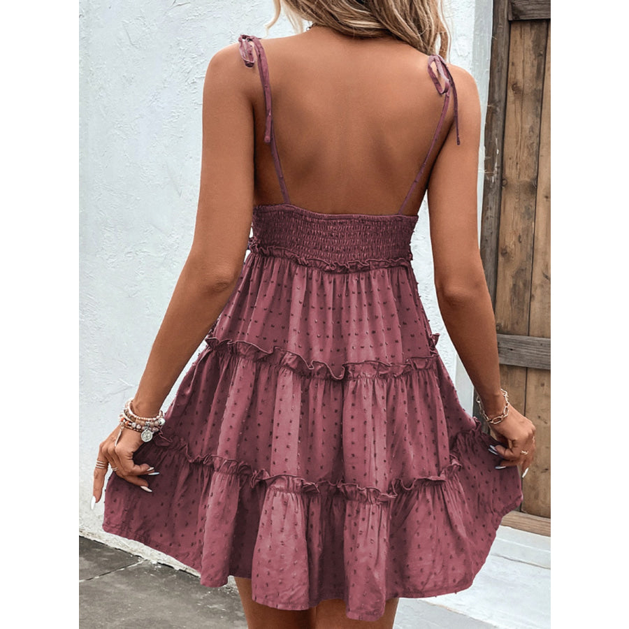 Shiny Frill Spaghetti Strap Tiered Dress Apparel and Accessories