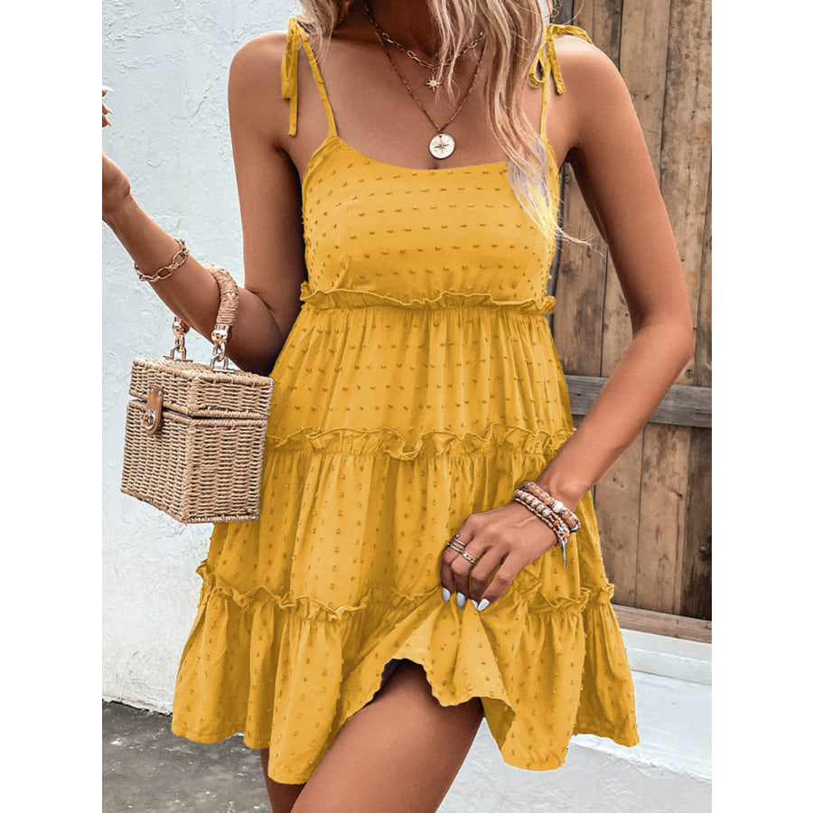 Shiny Frill Spaghetti Strap Tiered Dress Apparel and Accessories