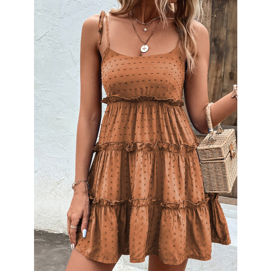 Shiny Frill Spaghetti Strap Tiered Dress Apparel and Accessories