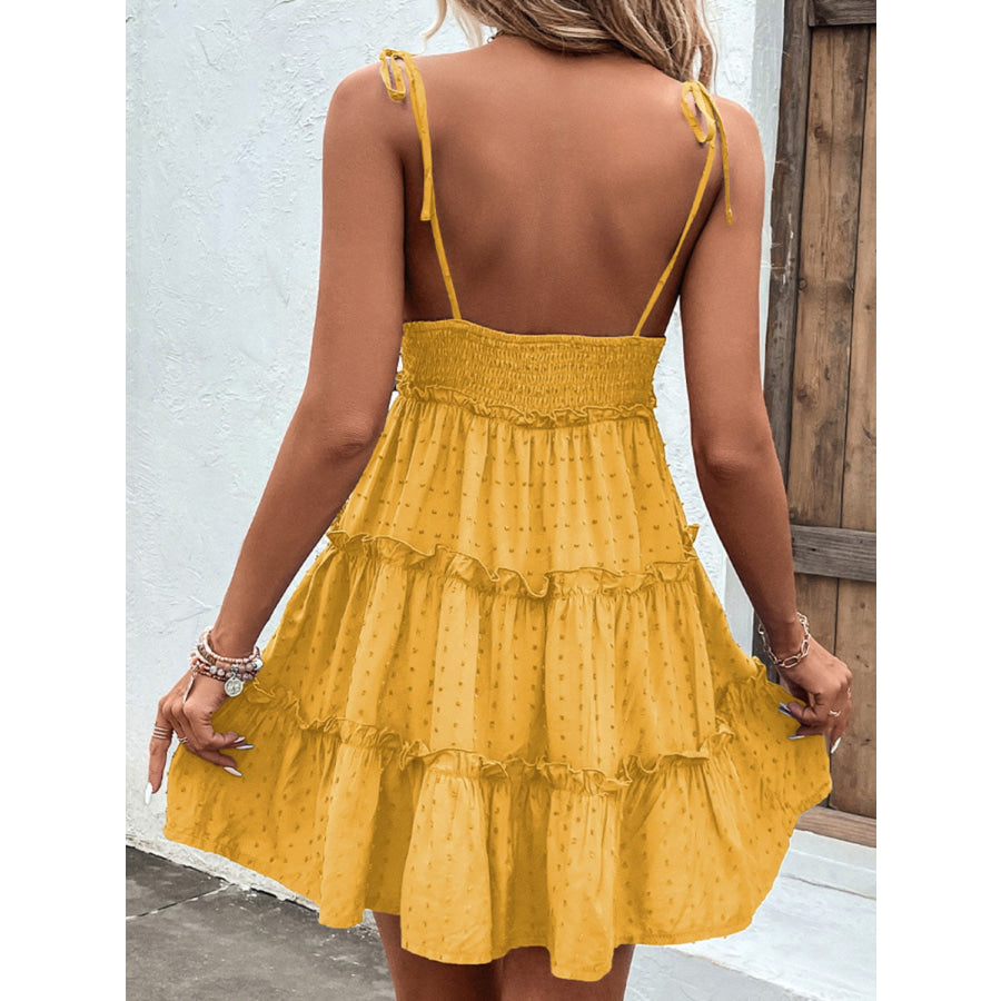 Shiny Frill Spaghetti Strap Tiered Dress Apparel and Accessories