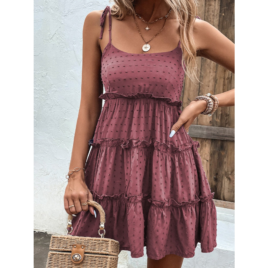 Shiny Frill Spaghetti Strap Tiered Dress Apparel and Accessories