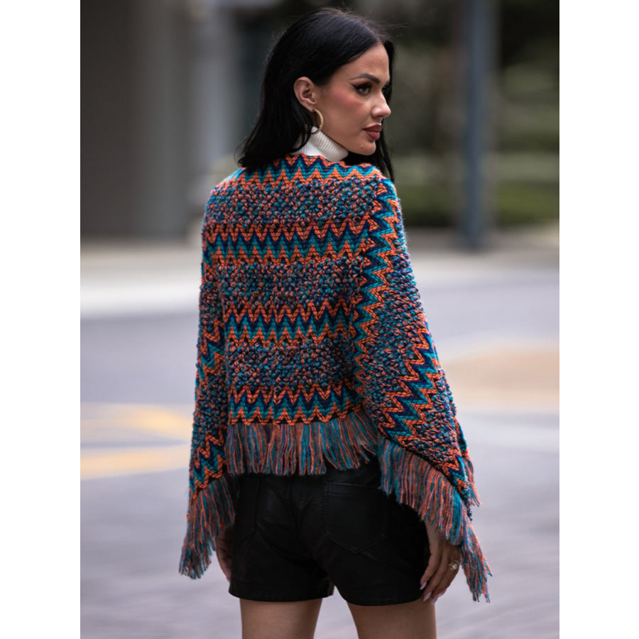 Shiny Fringe Hem Boat Neck Poncho Navy / S Apparel and Accessories