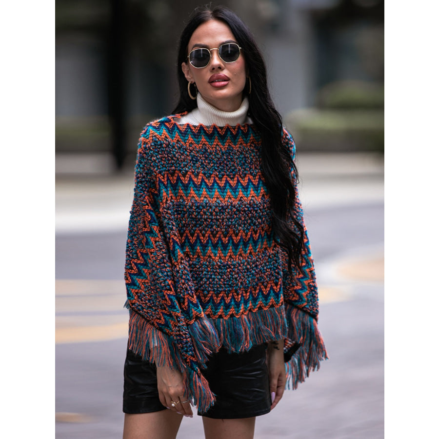 Shiny Fringe Hem Boat Neck Poncho Apparel and Accessories