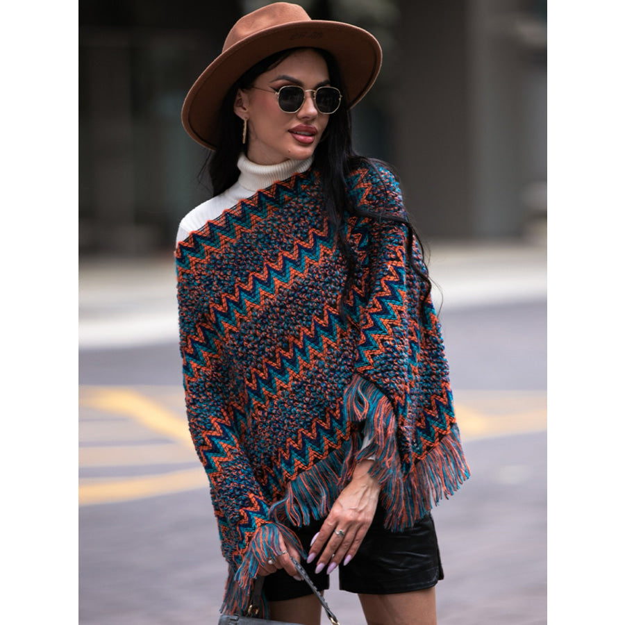 Shiny Fringe Hem Boat Neck Poncho Apparel and Accessories