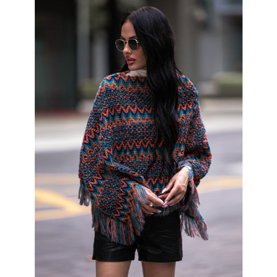 Shiny Fringe Hem Boat Neck Poncho Apparel and Accessories