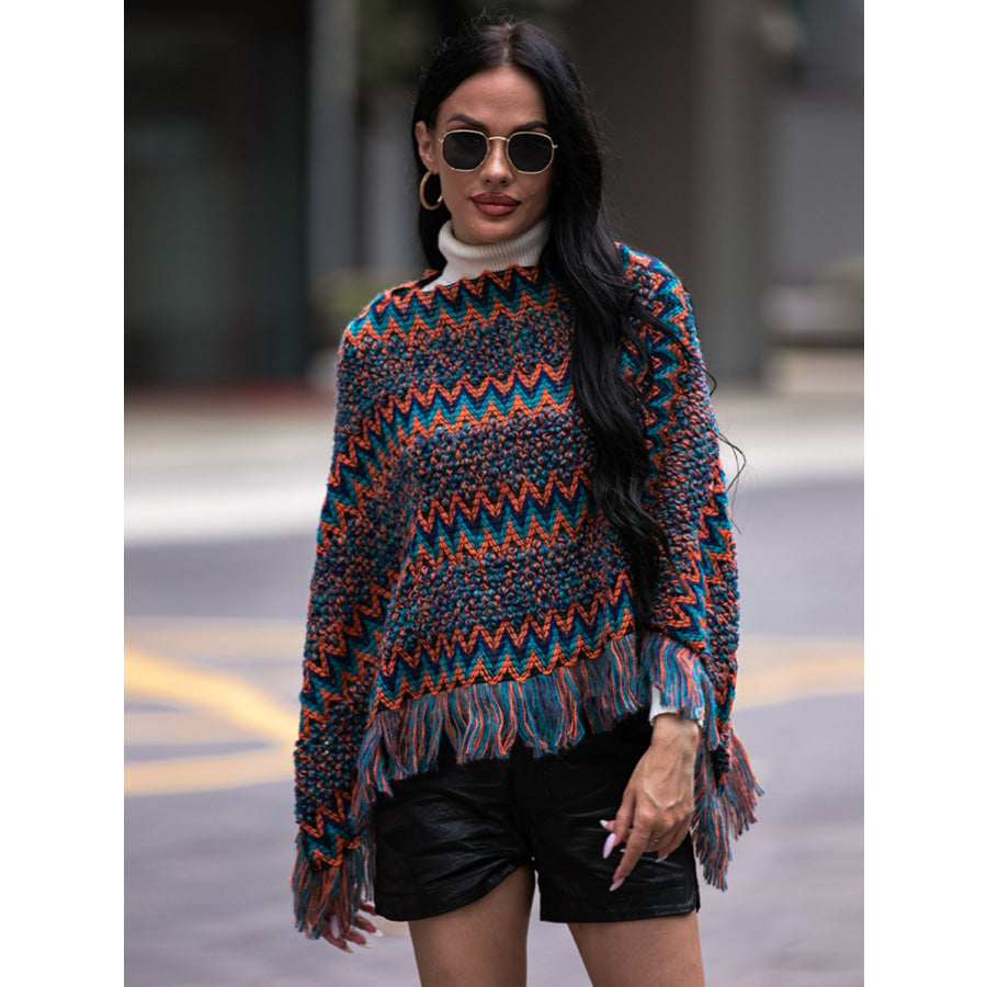 Shiny Fringe Hem Boat Neck Poncho Navy / S Apparel and Accessories