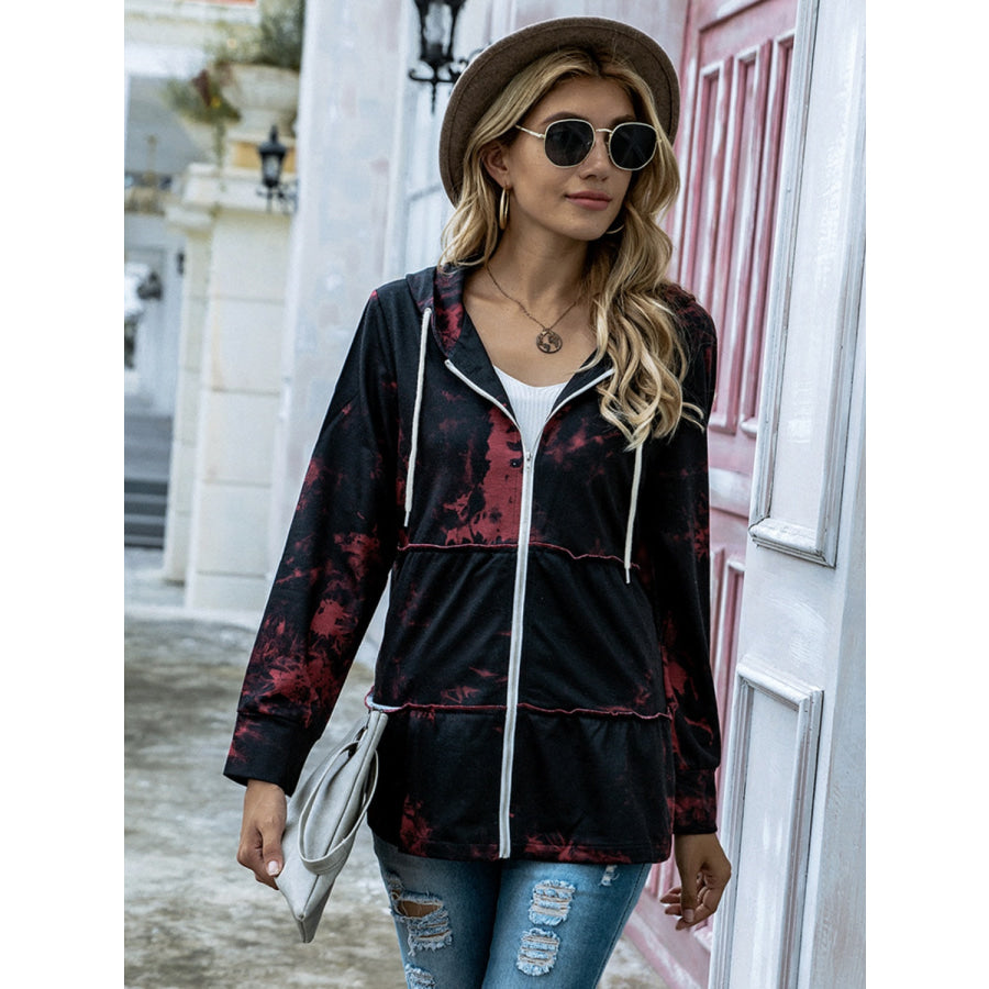 Shiny Full Size Drawstring Printed Zip Up Long Sleeve Jacket Apparel and Accessories