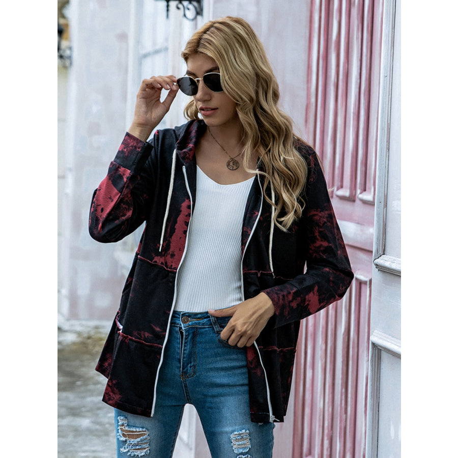 Shiny Full Size Drawstring Printed Zip Up Long Sleeve Jacket Burgundy / S Apparel and Accessories