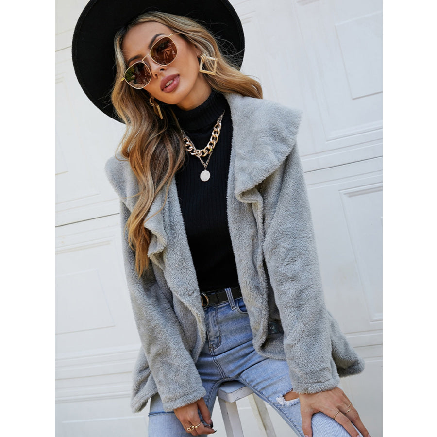 Shiny Fuzzy Collared Neck Button Down Jacket Apparel and Accessories