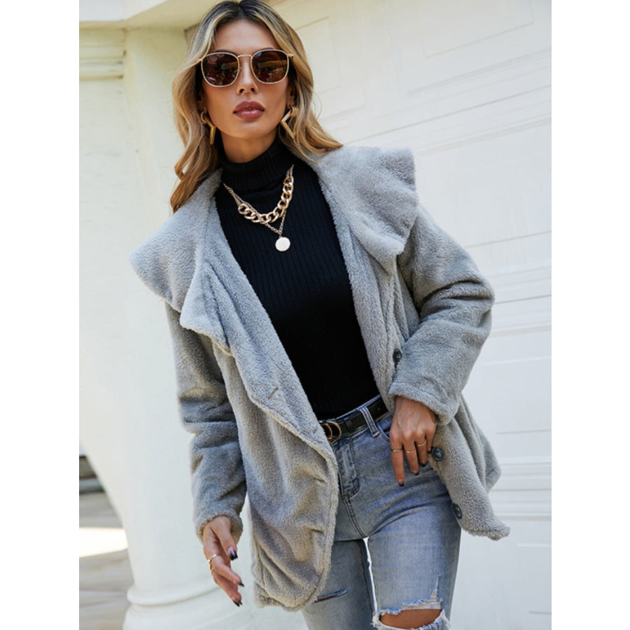 Shiny Fuzzy Collared Neck Button Down Jacket Apparel and Accessories