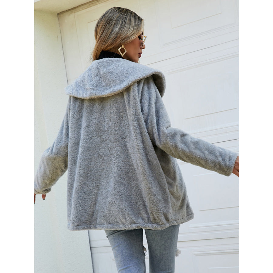 Shiny Fuzzy Collared Neck Button Down Jacket Gray / S Apparel and Accessories