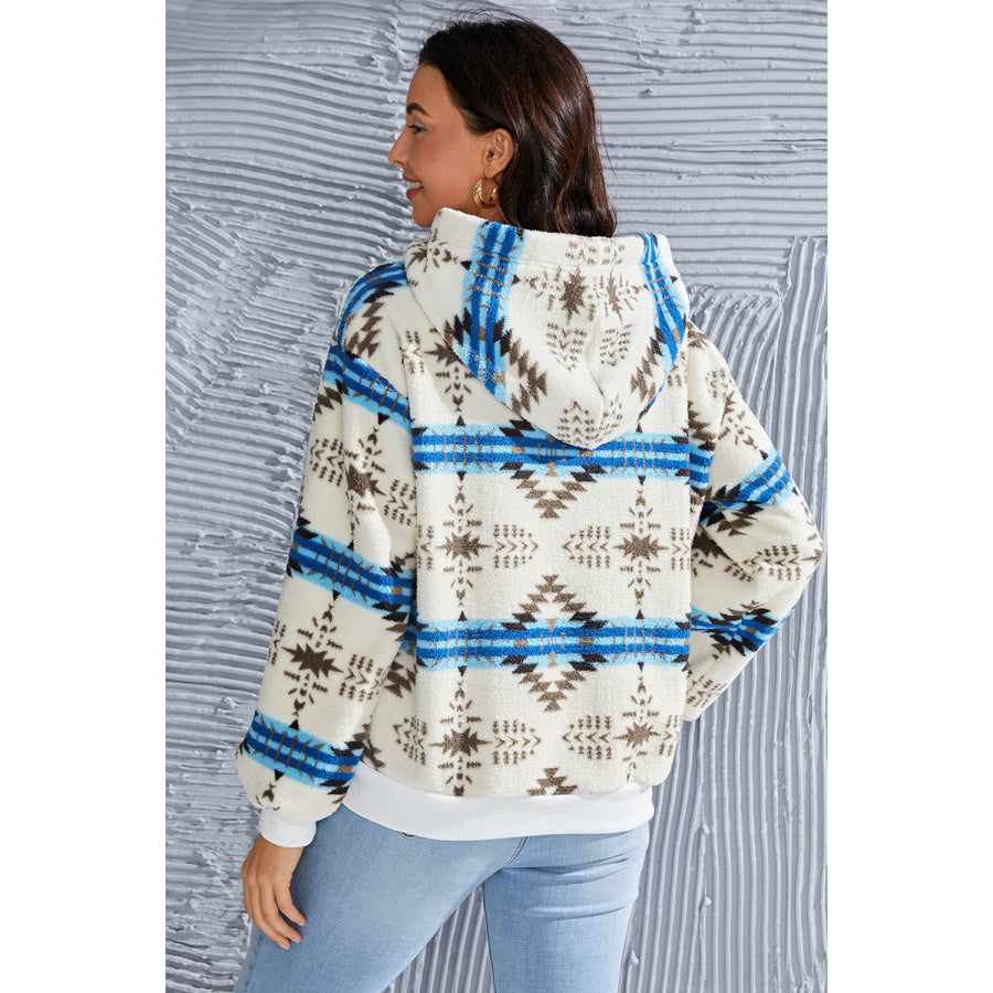 Shiny Geometric Half Zip Drawstring Long Sleeve Hoodie Cream / S Apparel and Accessories