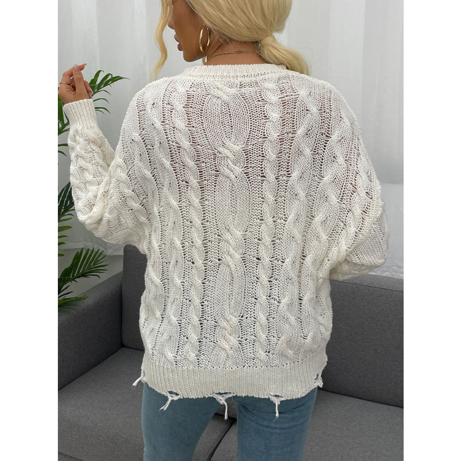 Shiny Openwork Distressed Long Sleeve Sweater White / S Apparel and Accessories