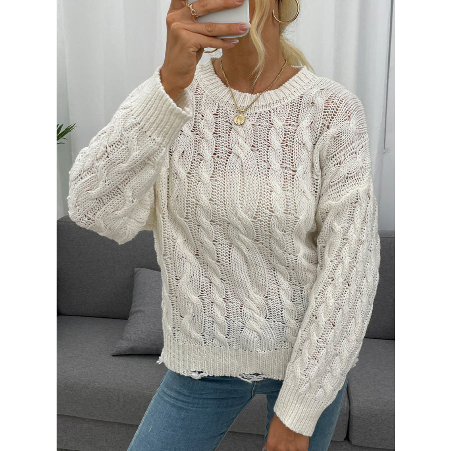 Shiny Openwork Distressed Long Sleeve Sweater White / S Apparel and Accessories