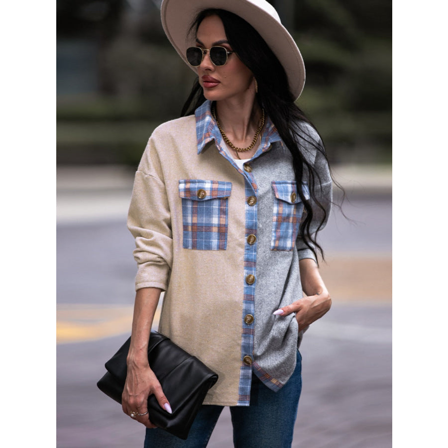 Shiny Plaid Contrast Drop Shoulder Shacket Apparel and Accessories