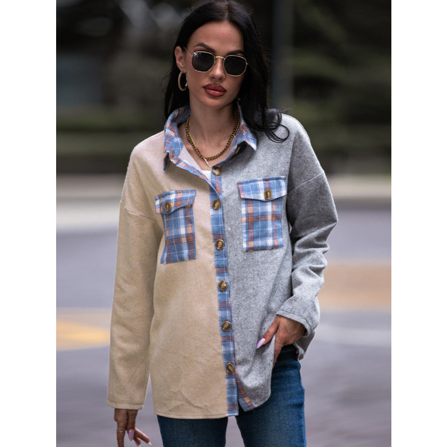 Shiny Plaid Contrast Drop Shoulder Shacket Apparel and Accessories