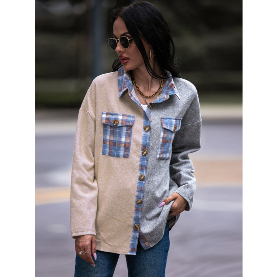 Shiny Plaid Contrast Drop Shoulder Shacket Apparel and Accessories