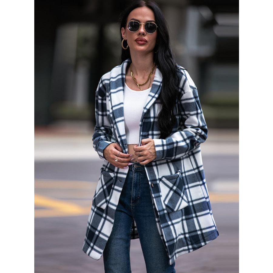 Shiny Plaid Shawl Collar Coat with Pockets Apparel and Accessories