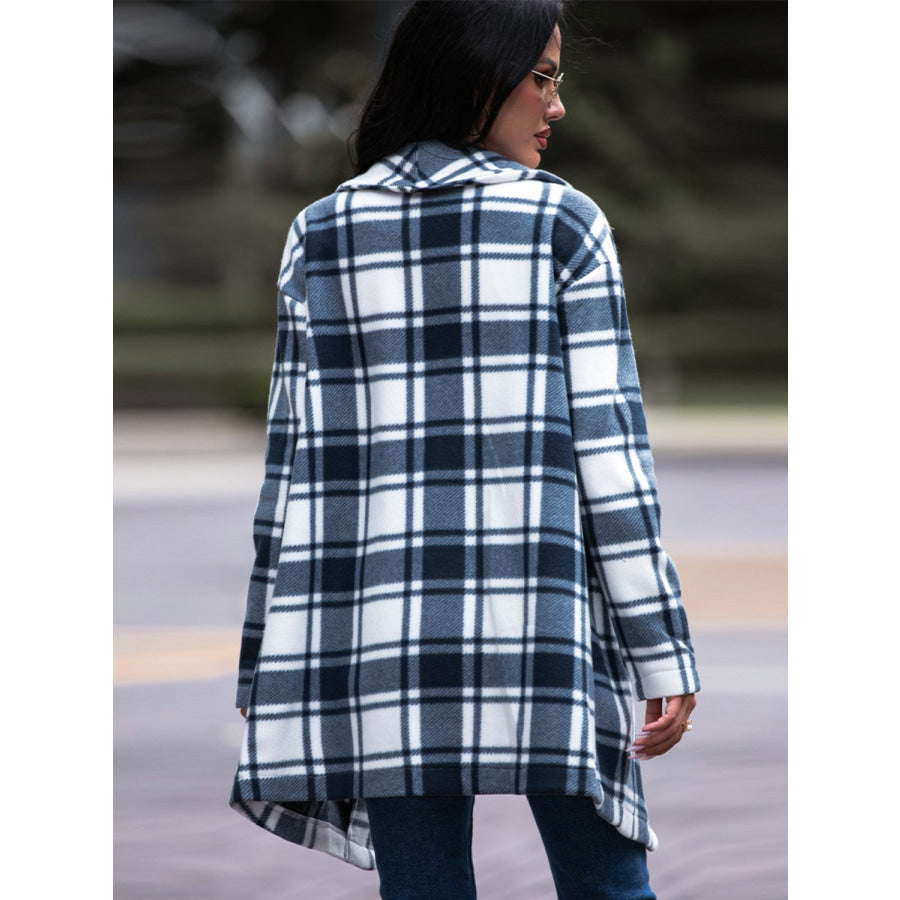 Shiny Plaid Shawl Collar Coat with Pockets Apparel and Accessories