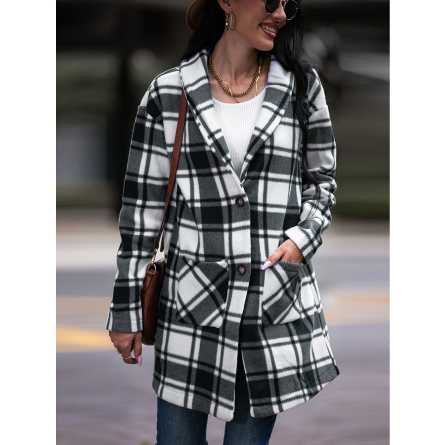 Shiny Plaid Shawl Collar Coat with Pockets Apparel and Accessories