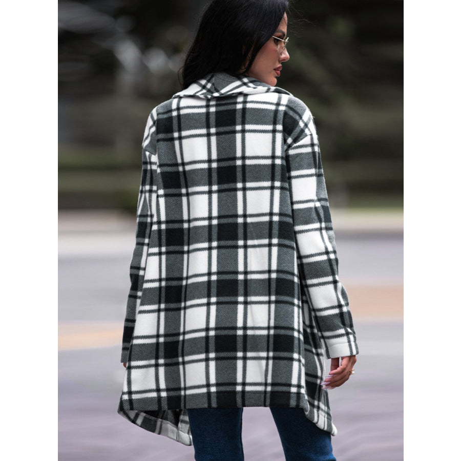 Shiny Plaid Shawl Collar Coat with Pockets Black / S Apparel and Accessories