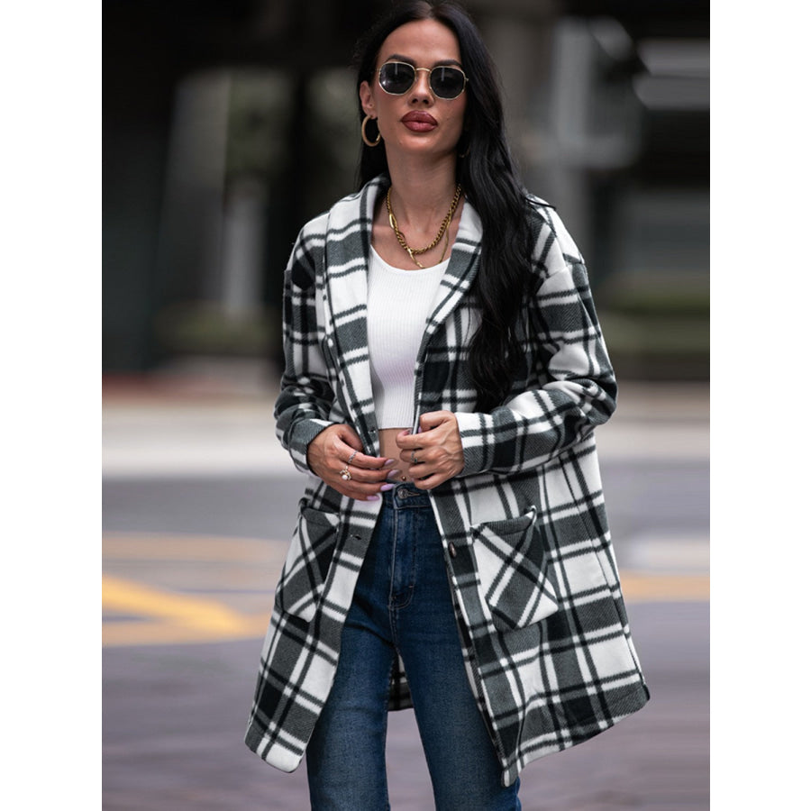 Shiny Plaid Shawl Collar Coat with Pockets Apparel and Accessories