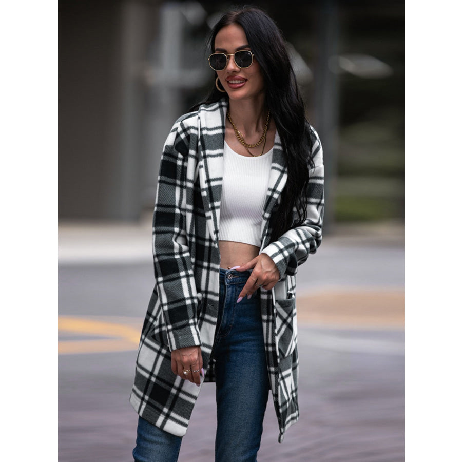 Shiny Plaid Shawl Collar Coat with Pockets Apparel and Accessories