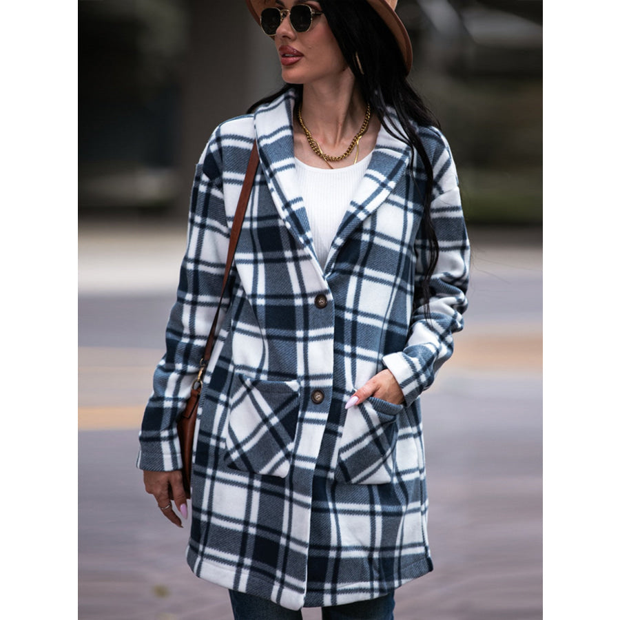 Shiny Plaid Shawl Collar Coat with Pockets Apparel and Accessories