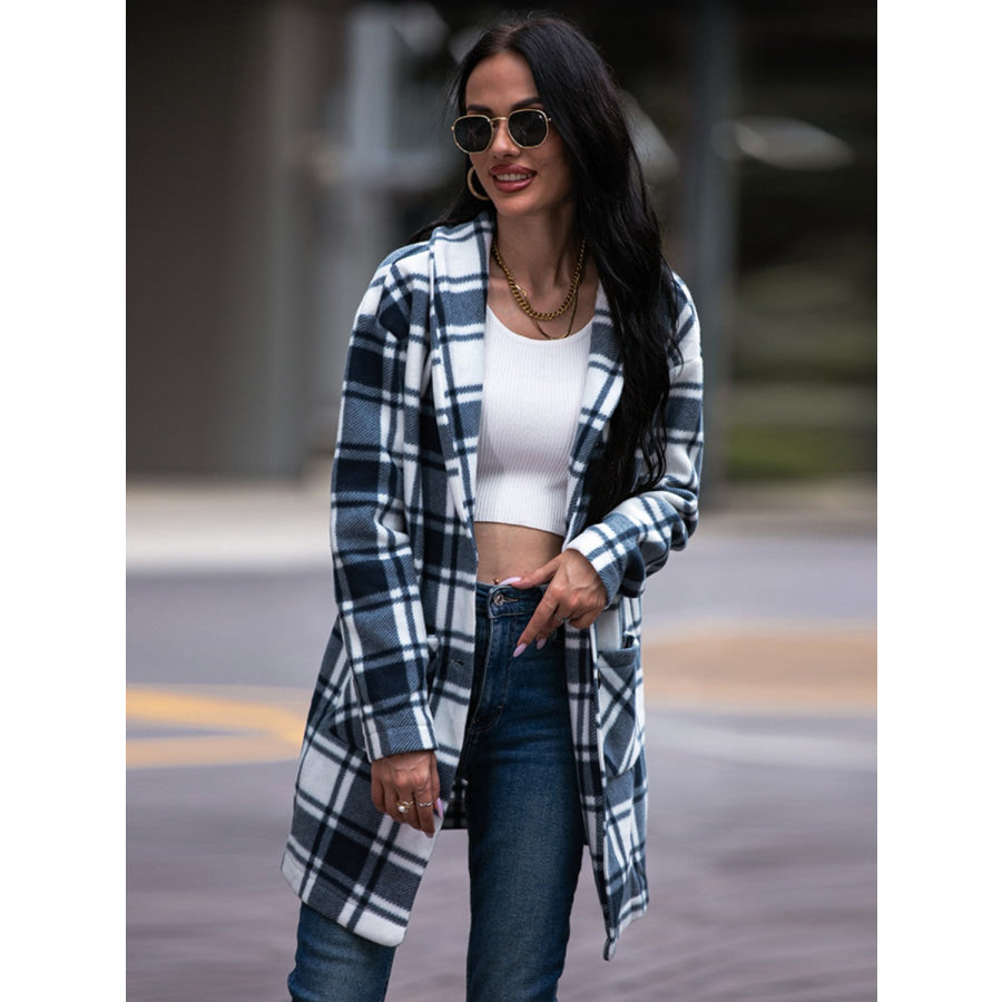 Shiny Plaid Shawl Collar Coat with Pockets Apparel and Accessories