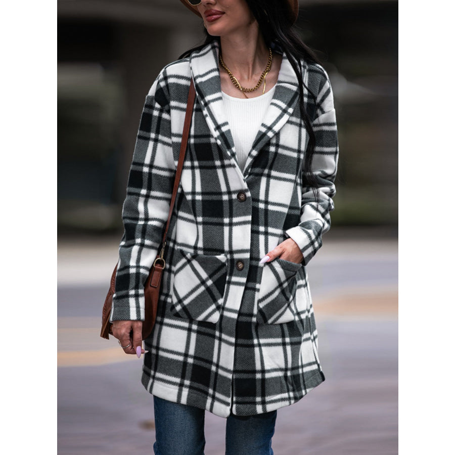 Shiny Plaid Shawl Collar Coat with Pockets Black / S Apparel and Accessories