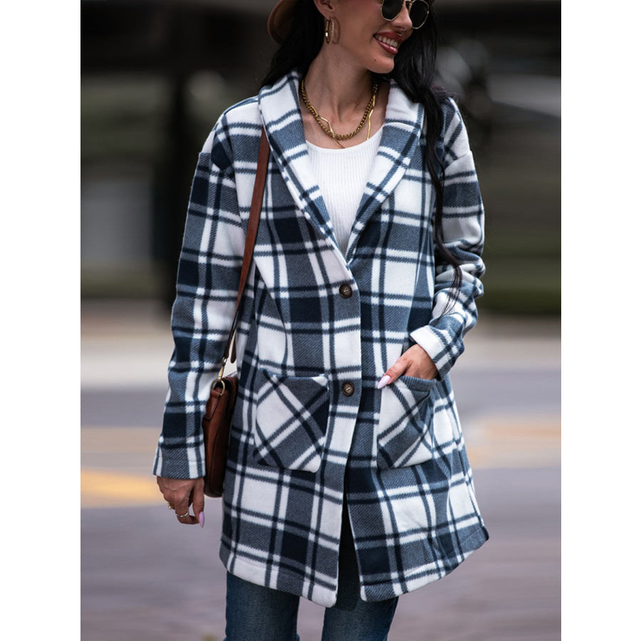 Shiny Plaid Shawl Collar Coat with Pockets Navy / S Apparel and Accessories