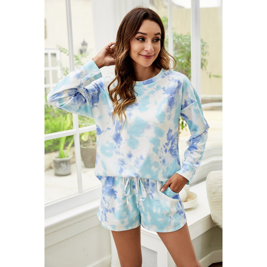 Shiny Tie-Dye Dropped Shoulder Top and Shorts Lounge Set Apparel and Accessories