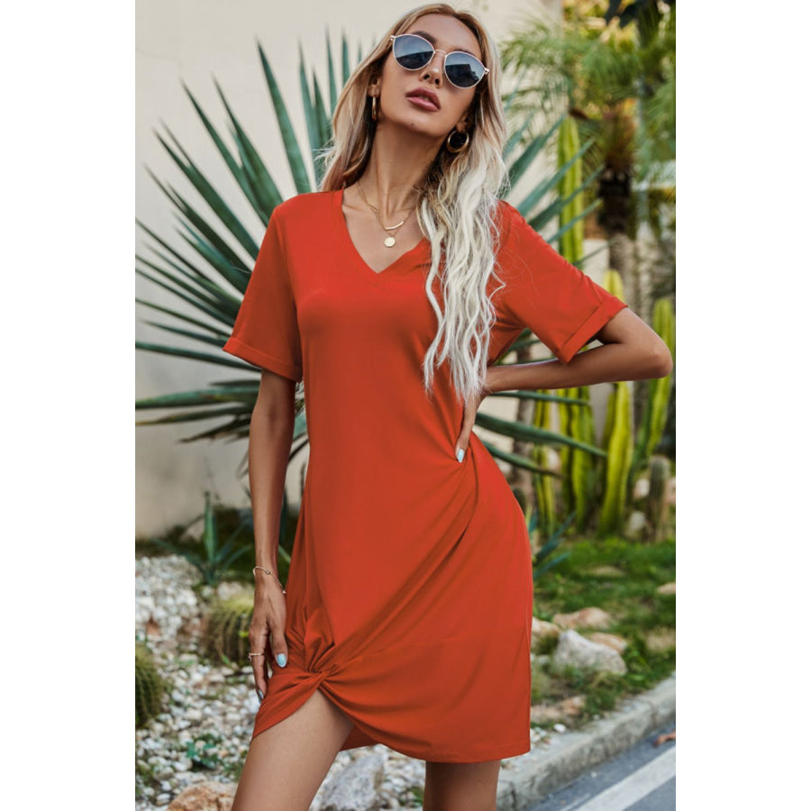 Shiny Twisted V-Neck Short Sleeve Dress Apparel and Accessories