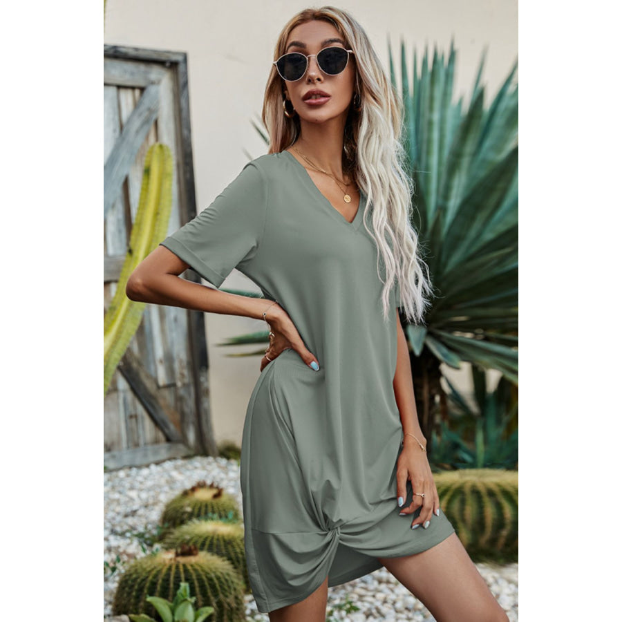 Shiny Twisted V-Neck Short Sleeve Dress Apparel and Accessories