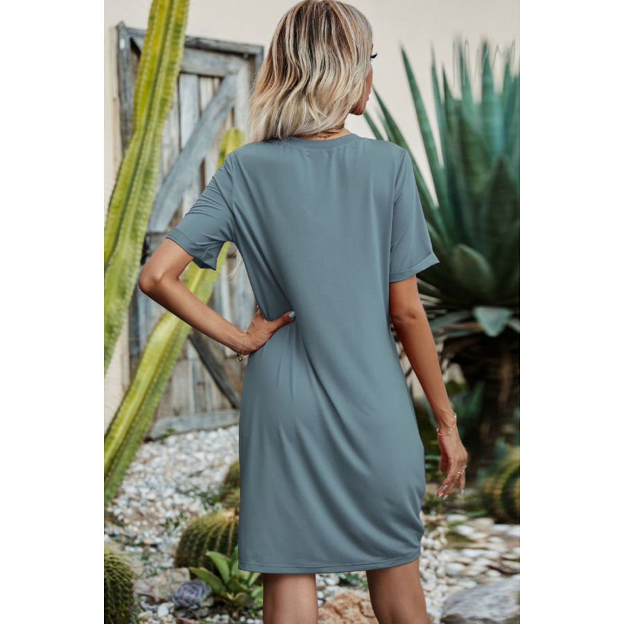 Shiny Twisted V-Neck Short Sleeve Dress Apparel and Accessories