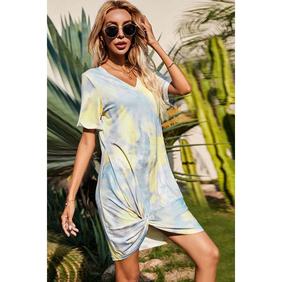 Shiny Twisted V-Neck Short Sleeve Dress Apparel and Accessories