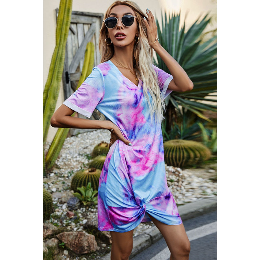 Shiny Twisted V-Neck Short Sleeve Dress Apparel and Accessories