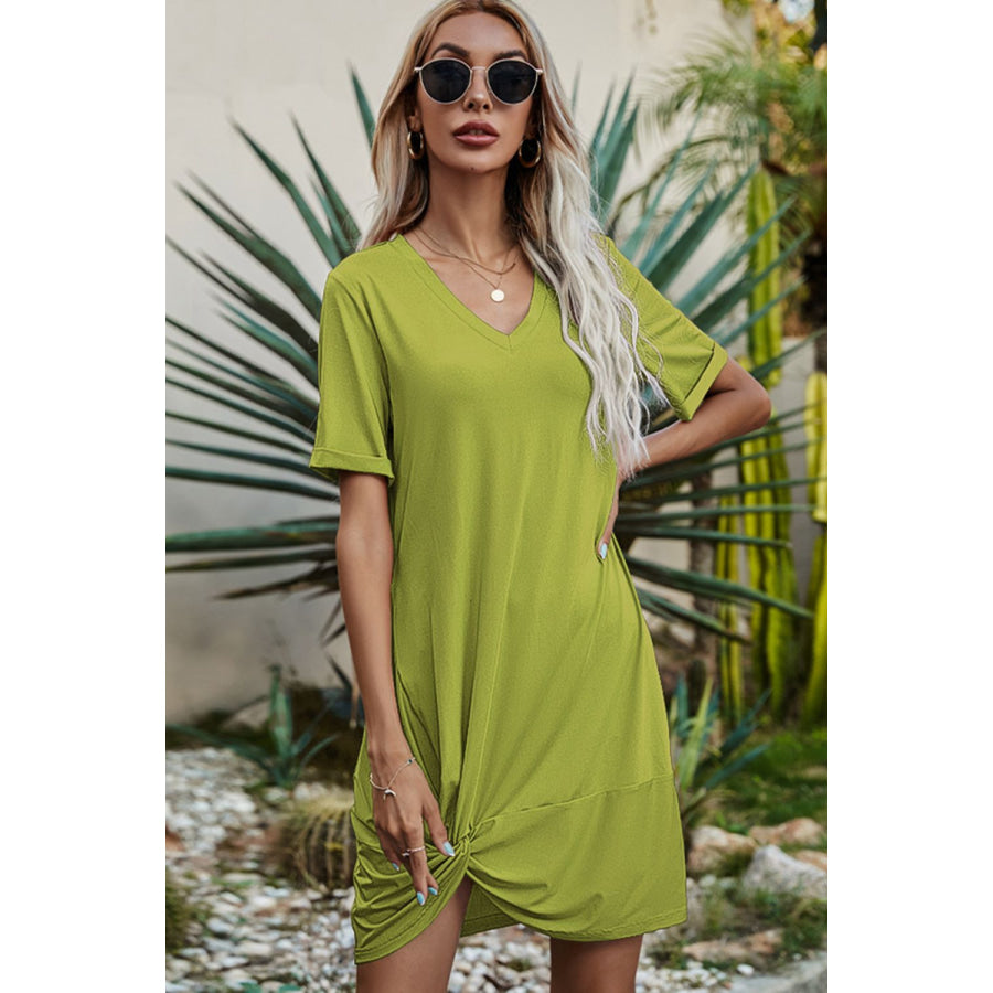 Shiny Twisted V-Neck Short Sleeve Dress Apparel and Accessories