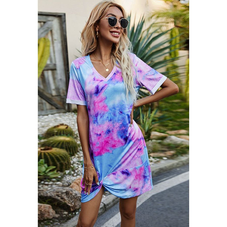 Shiny Twisted V-Neck Short Sleeve Dress Blue/Pink / S Apparel and Accessories