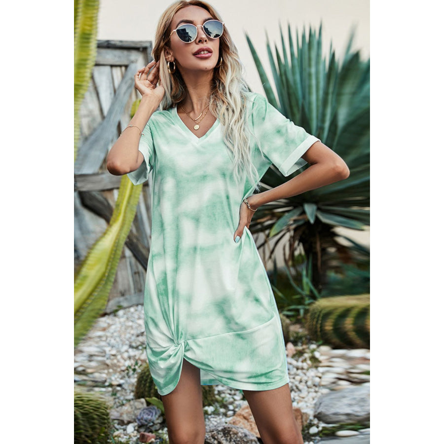 Shiny Twisted V-Neck Short Sleeve Dress Gum Leaf / S Apparel and Accessories